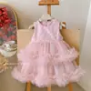 Vestido de Verão para Meninas 2026 Novo Estiloso Vestido Princesa Infantil Bebê Mangas Bufantes Sem Mangas Vestido de Renda