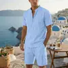 Tamanho Europeu Transfronteiriço Estilo Americano Masculino Esportivo Casual Linho Gola Alta Manga Curta Camisa Casual Solta Conjunto de Praia Verão