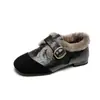 Sapatos Rasos de Boca Larga Estilo Retrô Francês para Mulheres no Inverno, Sapatos Pequenos de Couro Quentes de Veludo, Sapatos Birkenstock Confortáveis