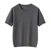 Nuevo suéter de punto de manga corta con cuello redondo plano 100% cachemira para otoño e invierno, camiseta básica de color liso versátil