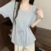 Camisa de Verano 2026 Nuevo Estilo Talla Grande para Mujer con Cuentas Pesadas y Cinturón, Blusa de Manga Corta, Top Ligero