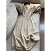 Vestido Corto de Manga Corta con Textura de Color Sólido Elegante de Tencel con Parches de Encaje Falda Larga Venta al por Mayor H16Dq61775