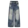 Jeans Anchos Rectos Retro Americanos Ondulados Cepillados para Hombre Peso Pesado Lavados Bigotes 3D Caída Pantalones Modernos