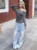 Nova Moda Design Americano Letra Strass Malha Transparente Ombro a Ombro Manga Longa Camiseta para Mulheres Versátil Emagrecedor Top