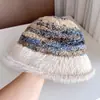Sombrero de Pescador de Punto Rayado de Nuevo Color Otoño e Invierno para Mujer, Sombrero Cubo Engrosado de Felpa Cálido con Protección para los Oídos, Sombrero Cubeta Versátil