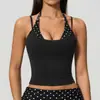 Novo top cropped esportivo com blocos de cor e poá, estilo europeu e americano, com gola halter e design de ombro duplo, top de yoga falso de duas peças modelador de cintura para mulheres 4549
