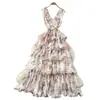 Vestido Floral Francês Estilo Princesa Doce para Mulheres, Vestido Longo de Verão com Decote V Sem Mangas de Cintura Alta em Linha A, Elegante Vestido para o Dia a Dia