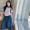 Conjunto de Verano para Niñas 2026 Nuevo Conjunto de Dos Piezas con Camiseta Estampada de Letras y Pantalones Cortos para Niños Mayores Jeans Vintage