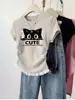 Camiseta de Manga Corta Americana Verano Nuevo Estilo Hombro de Encaje Cintura Fruncida Ajustada Aspecto Adelgazante Top para Mujer