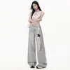 Jeans Cinza de Cintura Alta Wide Leg de Luxo para Mulheres, Novo Estilo Primavera 2026, Cintura Alta, Caimento Solto, Emagrecedor, Lavado, Estampa Floral, Calça de Comprimento Total