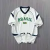 Camiseta Esportiva Solta Transfronteiriça Uniforme de Futebol Brasileiro Camisa Esportiva de Manga Curta com Estampa Streetwear Americano Decote V