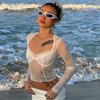 Roupas Europeias e Americanas Primavera e Verão 2022 Sexy Renda de Cogumelo em Malha Transparente Tops de Manga Longa Atacado
