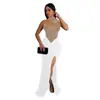 C6913 Moda Europea y Americana Transfronteriza Aliexpress Amazon Vestido Largo sin Mangas de Malla con Pedrería de Color Sólido para Mujer