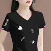 Camiseta de Manga Corta con Cuello en V para Mujer de Comercio Exterior con Descuento, Estilo Coreano, Moderna, Corte Holgado, Adelgazante, Casual, Top de Moda