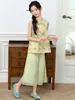 Nuevo Conjunto de Qipao Estilo Chino para Niñas de Verano, Ropa Nueva para Niños, Conjunto de Dos Piezas con Qipao sin Mangas de Estilo Nacional para Niñas y Pantalones de Tres Cuartos
