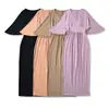 Elegante vestido de mujer estilo francés con cuello en V plisado y manga de tres cuartos, vestido largo de verano ajustado con abertura en la espalda y diseño bodycon que ciñe la cintura