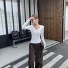 Toma Real # Ropa Interior Femenina Estilo Europeo Corte Ajustado Principios de Otoño Top Azul Cuello Redondo Camiseta de Manga Larga