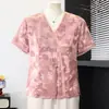 2026 Novo Estilo Roupa de Mãe Verão Novo Estilo Chinês Fashionável e Elegante Blusa para Mulheres de Meia-Idade e Idosas com Gola Diagonal Decote V Manga Curta Top