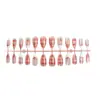 Caja de 30 Piezas de Uñas Postizas Premium Ojo de Gato Cereza y Almendra, Puntas de Uñas con Diseño de Cuadrícula de Cerezas Pintadas a Mano Estilo Francés