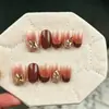 10 Piezas de Uñas Portátiles Hechas a Mano, Estilo Francés Degradado Rojo-Marrón Retro con Diamantes Triturados, Piezas de Uñas Removibles Terminadas