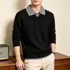 Suéter de punto de moda de marca de venta caliente transfronteriza, diseño falso de dos piezas personalizado con cuello camisero, tejido para hombre hecho en fábrica