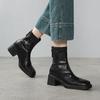 Botas Curtas de Salto Alto Grosso com Sola Pequena e Zíper Traseiro, Elásticas e Ajustadas, para Inverno 2025, Bico Redondo, Estilo Britânico, para Mulheres