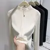 Capa base de polar con cuello medio alto negro para mujer, diseño otoño e invierno con doble cremallera, camiseta entallada, chaqueta cárdigan interior para mujer