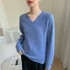 Nuevas Camisetas de Color Puro para Otoño e Invierno con Aspecto Holgado, Cálido y Adelgazante Estilo Perezoso Cuello en V Cachemir Camisetas de Punto para Mujer