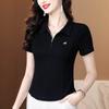 2025 Verano Nuevo Sentido Polo Cuello Media Cremallera Manga Corta Camiseta para Mujer Negro Slim Moda Versátil Top