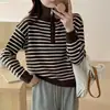 Outono/Inverno Estilo Novo Transfronteiriço Suéter Listrado de Meio Zíper Suéter Chique para Mulheres Solto Curto Estilo Preguiçoso Versátil Malha