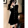 Vestido para ocasiones importantes, petite, elegante estilo francés, entallado a la cintura, vestido negro con volantes para mujer en invierno