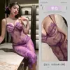 Lencería Sexy Morada Tallas Grandes Pijama de Tirantes Traje de Mujer Uniforme Sexy de Encaje Transparente Tentación Abertura Falda Larga