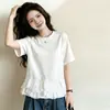 Camiseta Branca com Renda na Barra, Ombro a Ombro, Manga Curta para Mulheres 2026 Verão Nova Tamanho Grande Plus Size Top A11316