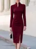 Venda Quente Transfronteiriça Vestido Preto de Gola Alta Manga Longa Feminino Slim Fit Justo no Quadril Comprimento Médio Fenda Vestido de Festa Peça Única Saia