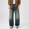 Roupas Masculinas Fengshe / Jeans de Sarja Lavada Estilo Retrô Americano para Homens, Calças Longas Lavadas de Outono com Perna Larga Curvada, Calças Longas Vintage Largas