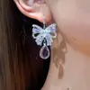 Brincos Gancho Roxo com Laço Zircônia Microincrustada para Mulheres, Brincos de Nicho de Luxo Leve, Acessórios de Orelha Exquisitos, Sensação de Luxo Leve de Alta Qualidade, Transfronteiriço