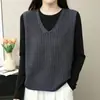 Colete de tricô com decote V e detalhes vazados para mulheres, peça de sobreposição para primavera e outono, novo estilo artístico de colete suéter