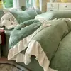 Estilo Princesa de Inverno Renda Roupa de Cama Leite Fleece Conjunto de Quatro Peças Capa de Edredom Fleece Dupla Face Conjunto de Lençóis Fleece Coral Plus