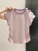 Camiseta Básica Casual de Manga Corta para Mujer Estilo Europeo con Mangas Cortas Volantes y Bloques de Color Rayados, Adelgazante, Tejido Fino de Verano, Hombro Normal