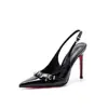 Primer Encuentro con los Zapatos de Tacón Alto de Suela Roja de la Temporada para Mujer, con Tacón Fino, Piel Negra Charol Estilo Francés, Punta Fina, Correa Única y un Elegante Look de Socialité