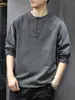 Nueva Camiseta Casual de Algodón Puro para Hombre, Manga Larga, Holgada y Delgada, Tendencia Primavera y Otoño, Marca, Cuello Henley, Camiseta Base Sudadera