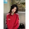 Moletom Casual Coreano com Gola Alta, Design de Três Listras para Mulheres no Outono e Inverno, Visual Solto Emagrecedor, Jaqueta Cardigan com Zíper e Forro de Lã
