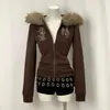 Sudadera Marrón Adelgazante Chica Atrevida Sudadera con Capucha Cardigan Chaqueta Retro Millennium Y2K Cuello Grande de Piel Bordado de Tótem