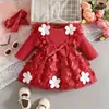 Vestido Romper de Tela de Punto Nueva para Bebé Niña Otoño Invierno con Parches de Malla de Mariposa de Tejido de Punto Color Sólido Manga Larga con Fruncidos de Encaje