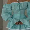 Top Tubo con Empalme de Encaje y Cuello de Una Sola Línea Mangas de Trompeta Shorts Traje de Dos Piezas Estilo Europeo y Americano Sexy Moda Chica Caliente