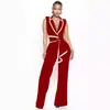 TD2769 Moda Verão Europeia e Americana Cruzada Feminina Nova Elegante Decote V Sem Mangas Slim Fit Macacão Calça Wide Leg