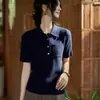 Top de Punto para Mujer de Manga Corta Estilo Saint Laurent con Bolsillo, Lana de Hilo Fino, Lujo Ligero, Adelgazante, Versátil
