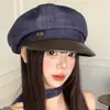 Boina de mezclilla con ala de cuero para mujer, estilo coreano, versátil, sombrero octagonal que estiliza el rostro, retro artístico, para circunferencia de cabeza grande, gorra de pintor de moda