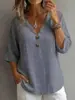 2026 Amazon Europeia e Americana Transfronteiriça Primavera/Verão Algodão e Linho Francês Decote V Botão Decorado Manga Três Quartos Solto Blusa Camiseta para Mulheres
