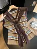 Cardigan de Tricô Retrô Listrado Color Block com Gola, Estilo Coreano, Preguiçoso e Relaxado, para Mulheres, Novo Top Colete Sem Mangas de Verão